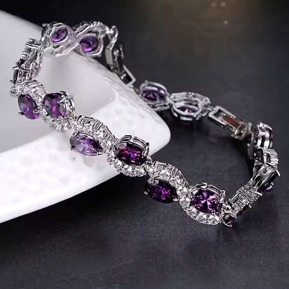 Purple Gemstone White Zirconia Silver Color Bracelet Timeless Elegant Classic - Picture 3 of 6